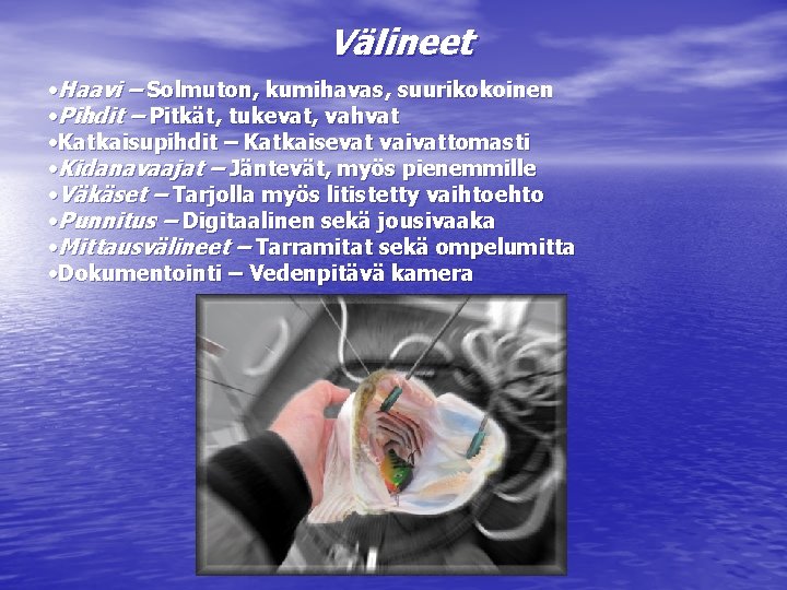 Välineet • Haavi – Solmuton, kumihavas, suurikokoinen • Pihdit – Pitkät, tukevat, vahvat •