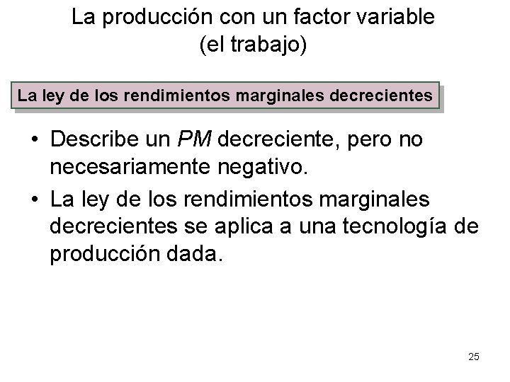 La producción con un factor variable (el trabajo) La ley de los rendimientos marginales