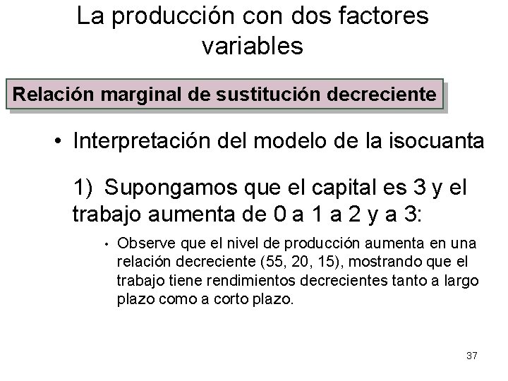 La producción con dos factores variables Relación marginal de sustitución decreciente • Interpretación del