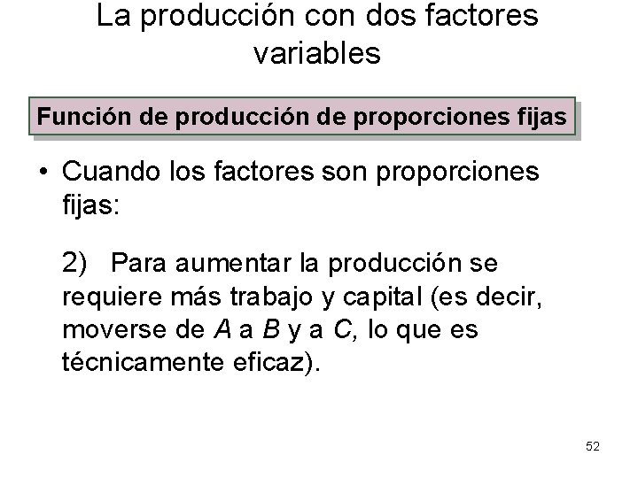 La producción con dos factores variables Función de producción de proporciones fijas • Cuando