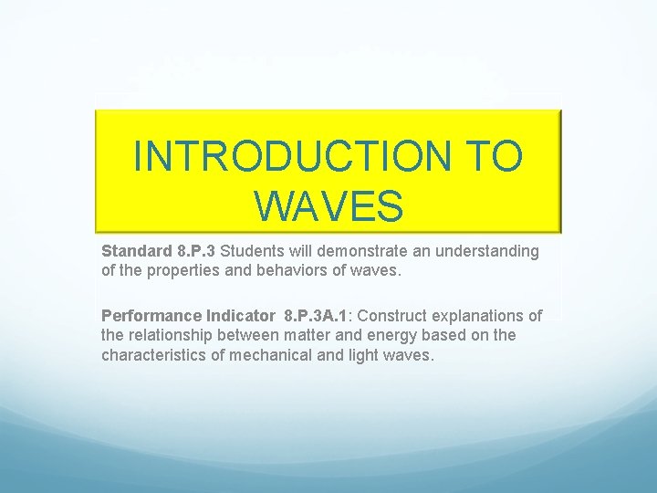 INTRODUCTION TO WAVES Standard 8. P. 3 Students will demonstrate an understanding of the