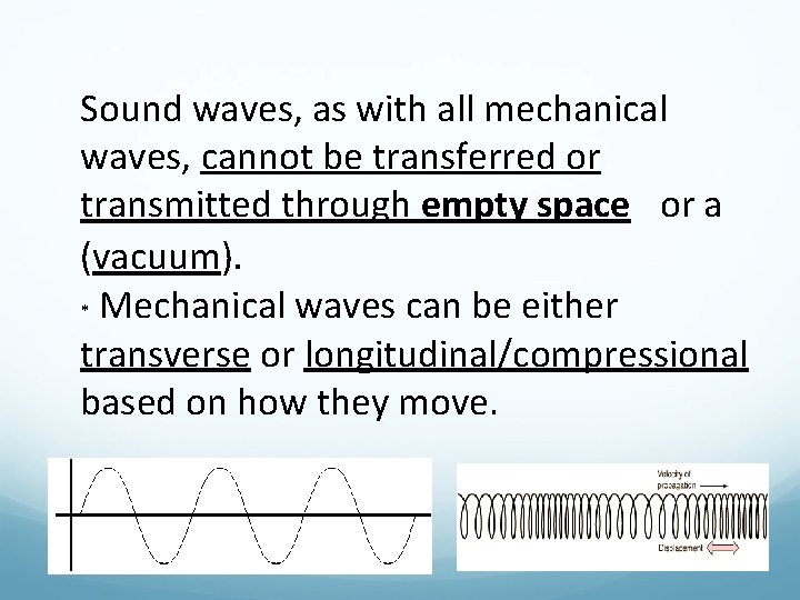 Sound waves, as with all mechanical waves, cannot be transferred or transmitted through empty