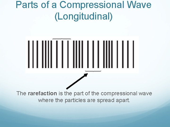 Parts of a Compressional Wave (Longitudinal) The rarefaction is the part of the compressional