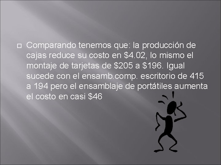 Comparando tenemos que: la producción de cajas reduce su costo en $4. 02, Comparando tenemos que: la producción de cajas reduce su costo en $4. 02,