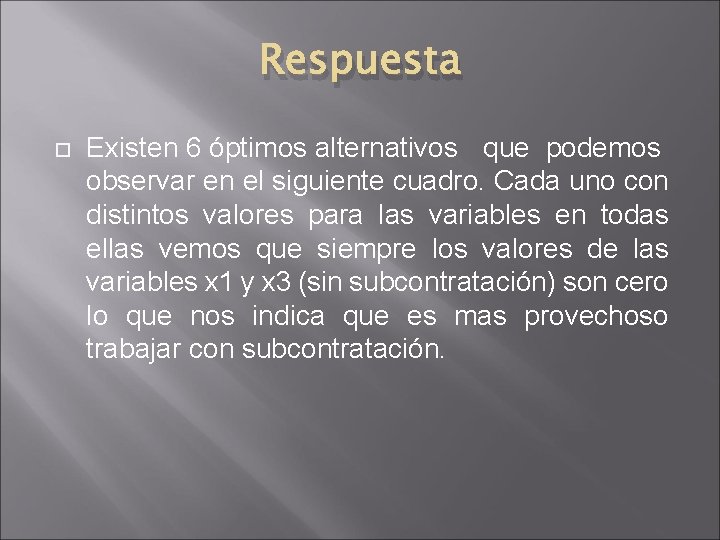 Respuesta Existen 6 óptimos alternativos que podemos observar en el siguiente cuadro. Cada uno Respuesta Existen 6 óptimos alternativos que podemos observar en el siguiente cuadro. Cada uno