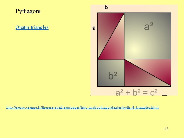 Pythagore Quatre triangles http: //perso. orange. fr/therese. eveilleau/pages/truc_mat/pythagor/textes/pyth_4_triangles. html 113 