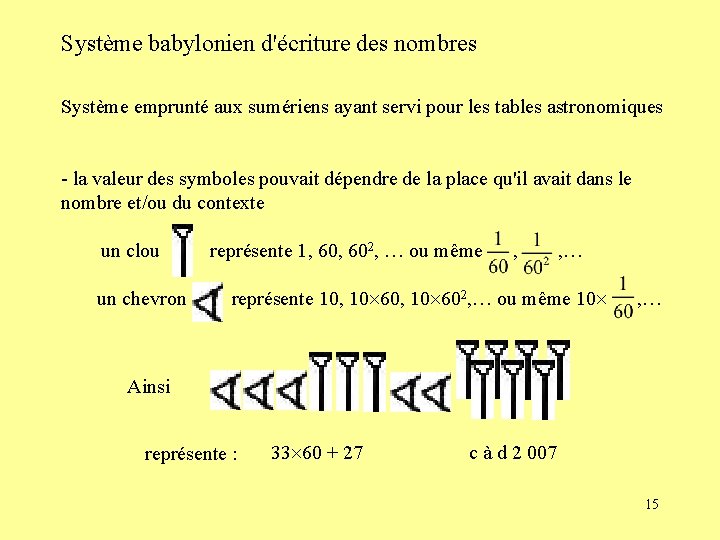 Système babylonien d'écriture des nombres Système emprunté aux sumériens ayant servi pour les tables