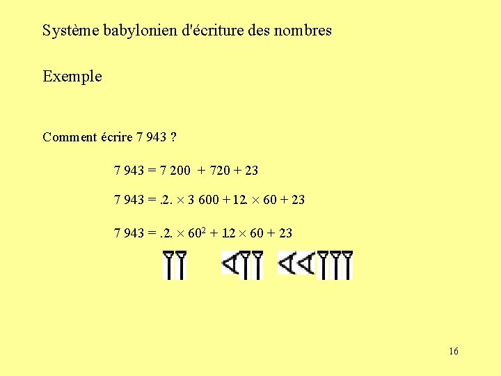 Système babylonien d'écriture des nombres Exemple Comment écrire 7 943 ? 7 943 =