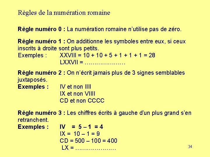 Règles de la numération romaine Règle numéro 0 : La numération romaine n’utilise pas