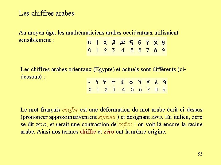 Les chiffres arabes Au moyen âge, les mathématiciens arabes occidentaux utilisaient sensiblement : Les