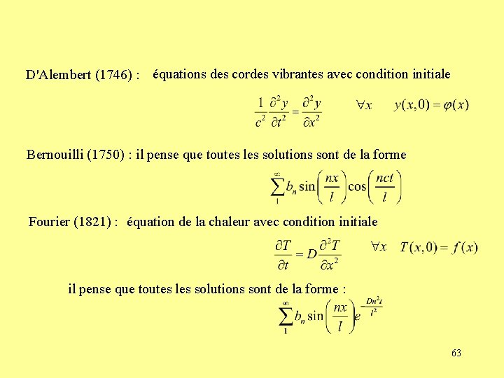 D'Alembert (1746) : équations des cordes vibrantes avec condition initiale Bernouilli (1750) : il