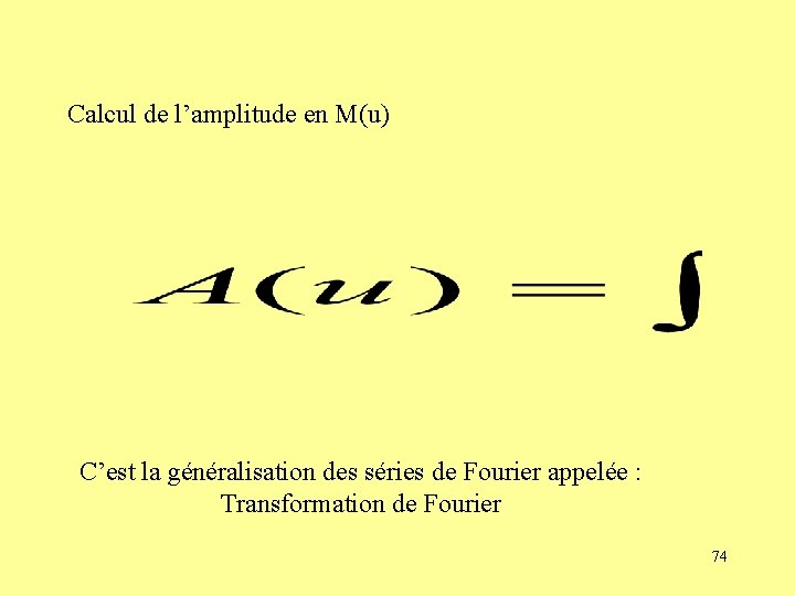 Calcul de l’amplitude en M(u) C’est la généralisation des séries de Fourier appelée :