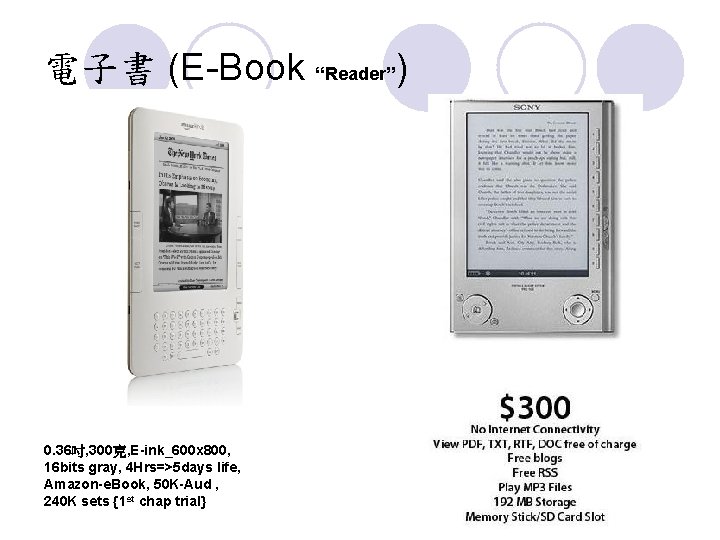 電子書 (E-Book “Reader”) 0. 36吋, 300克, E-ink_600 x 800, 16 bits gray, 4 Hrs=>5