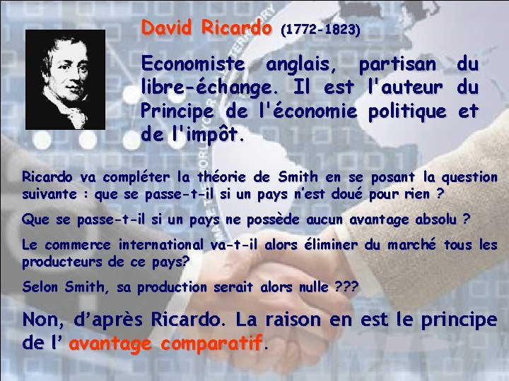 David Ricardo (1772 -1823) Economiste anglais, partisan du libre-échange. Il est l'auteur du Principe David Ricardo (1772 -1823) Economiste anglais, partisan du libre-échange. Il est l'auteur du Principe