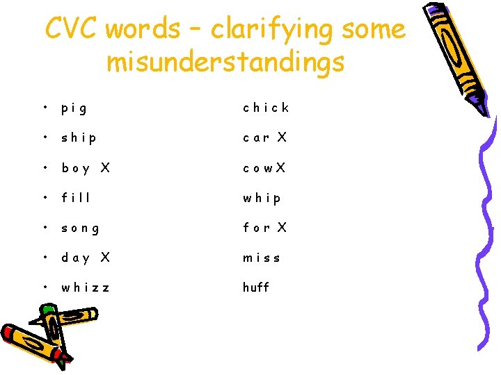 CVC words – clarifying some misunderstandings • pig chick • ship car X • CVC words – clarifying some misunderstandings • pig chick • ship car X •
