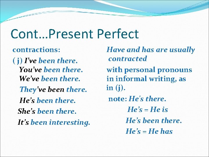Cont…Present Perfect contractions: ( j) I’ve been there. You’ve been there. We’ve been there.
