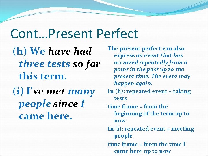 Cont…Present Perfect (h) We have had three tests so far this term. (i) I’ve