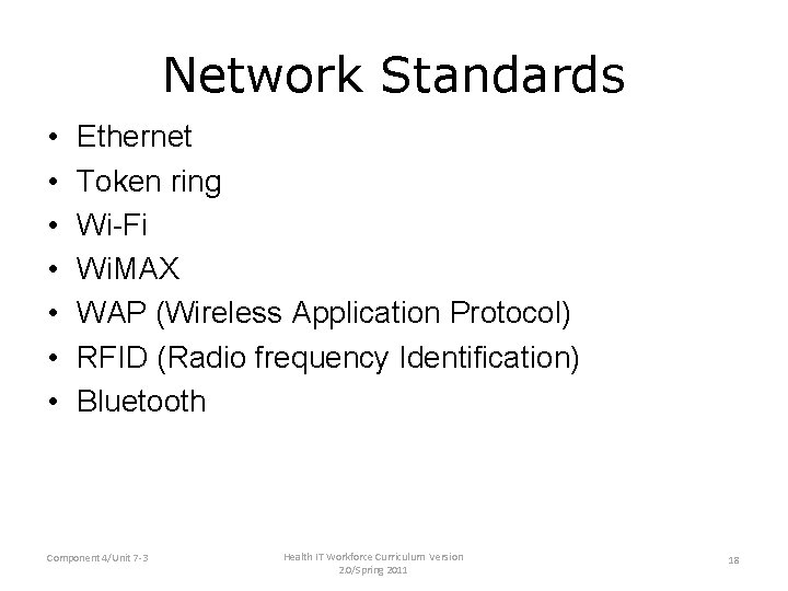 Network Standards • • Ethernet Token ring Wi-Fi Wi. MAX WAP (Wireless Application Protocol)