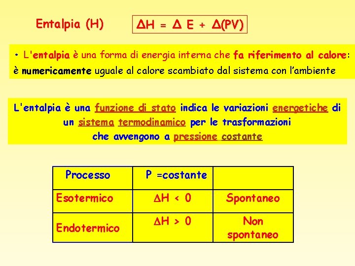 Entalpia (H) ΔH = Δ E + Δ(PV) • L'entalpia è una forma di