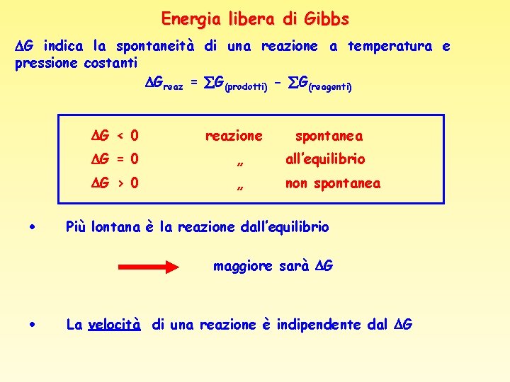 Energia libera di Gibbs G indica la spontaneità di una reazione a temperatura e
