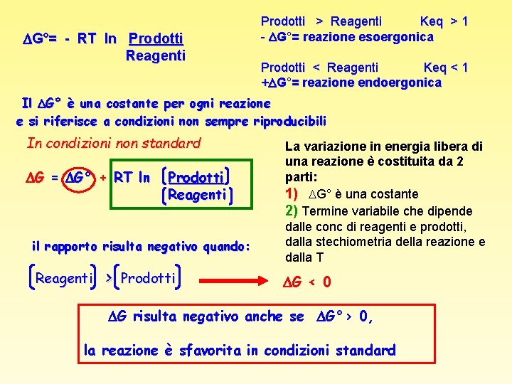  G°= - RT ln Prodotti Reagenti Prodotti > Reagenti Keq > 1 -