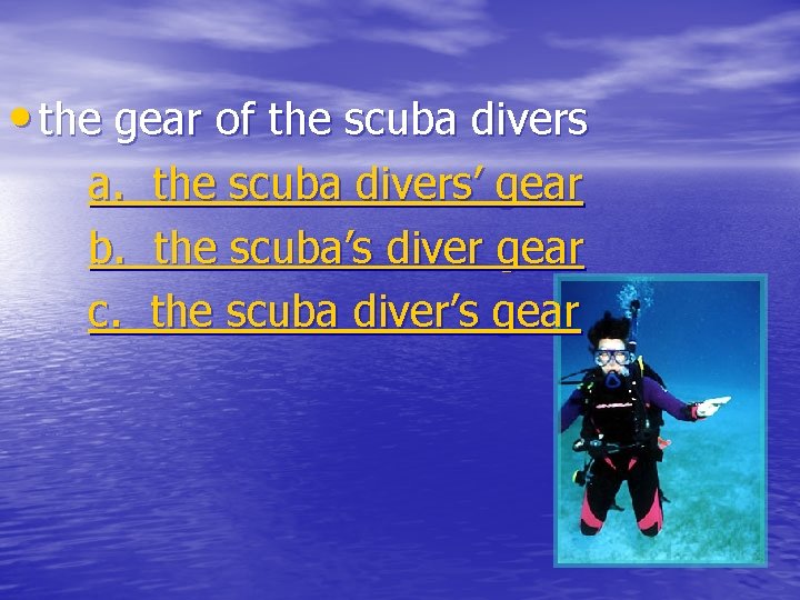  • the gear of the scuba divers a. b. c. the scuba divers’