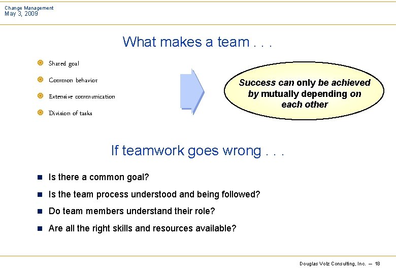 Change Management May 3, 2009 What makes a team. . . ¥ Shared goal