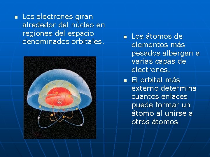 n Los electrones giran alrededor del núcleo en regiones del espacio denominados orbitales. n