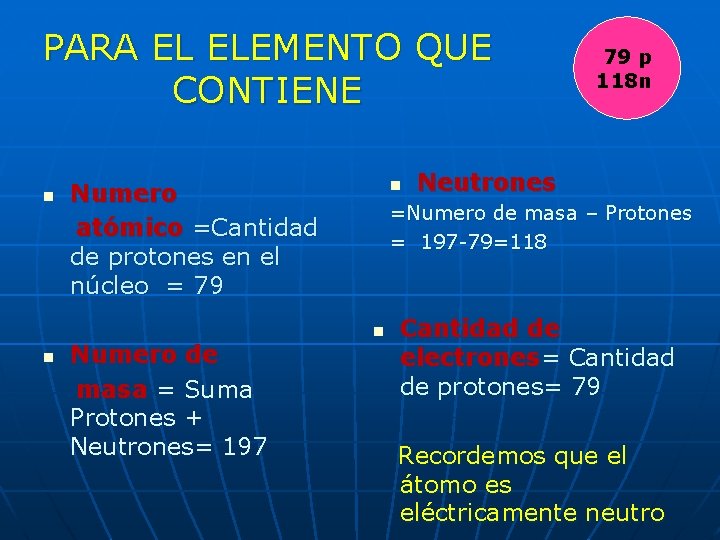 PARA EL ELEMENTO QUE CONTIENE n n n Numero atómico =Cantidad de protones en