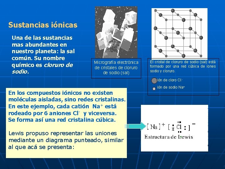 Sustancias iónicas Una de las sustancias mas abundantes en nuestro planeta: la sal común.