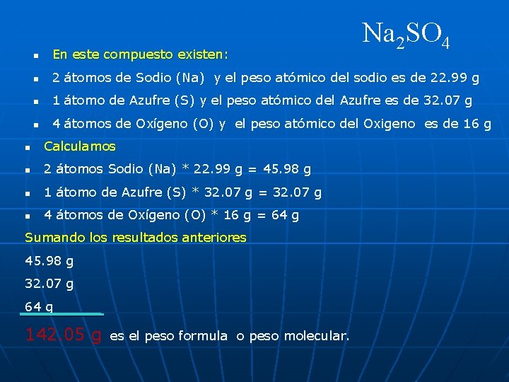 Na 2 SO 4 n En este compuesto existen: n 2 átomos de Sodio