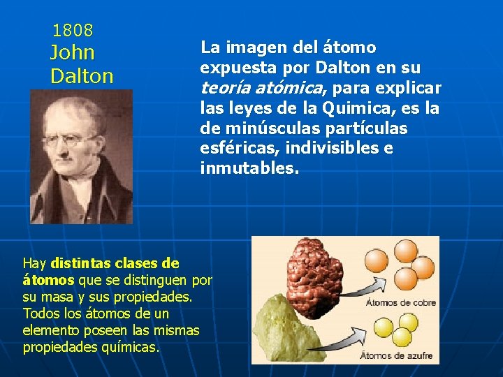 1808 John Dalton La imagen del átomo expuesta por Dalton en su teoría atómica,