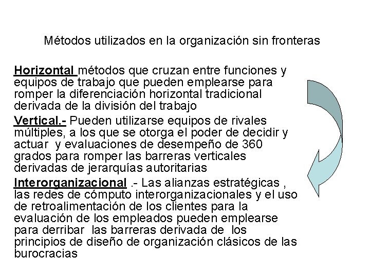 Métodos utilizados en la organización sin fronteras Horizontal métodos que cruzan entre funciones y