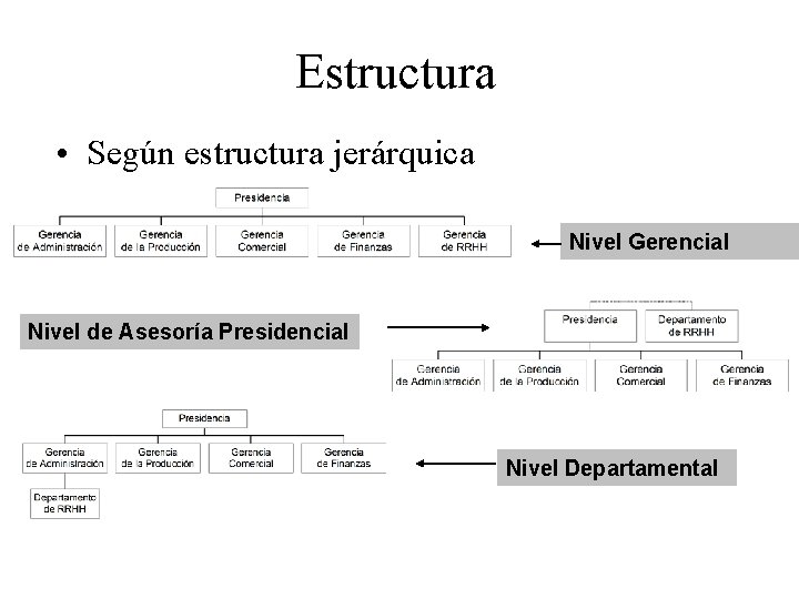 Estructura • Según estructura jerárquica Nivel Gerencial Nivel de Asesoría Presidencial Nivel Departamental 