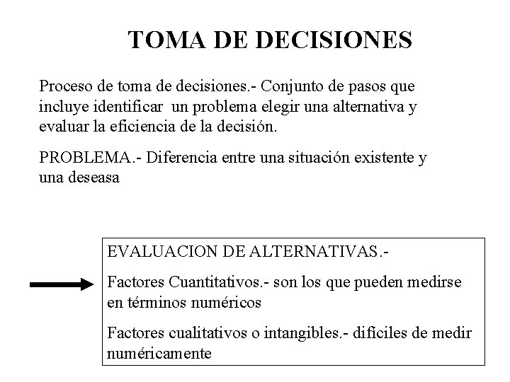 TOMA DE DECISIONES Proceso de toma de decisiones. - Conjunto de pasos que incluye