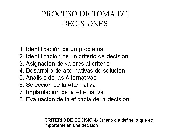 PROCESO DE TOMA DE DECISIONES 1. Identificación de un problema 2. Identificacion de un