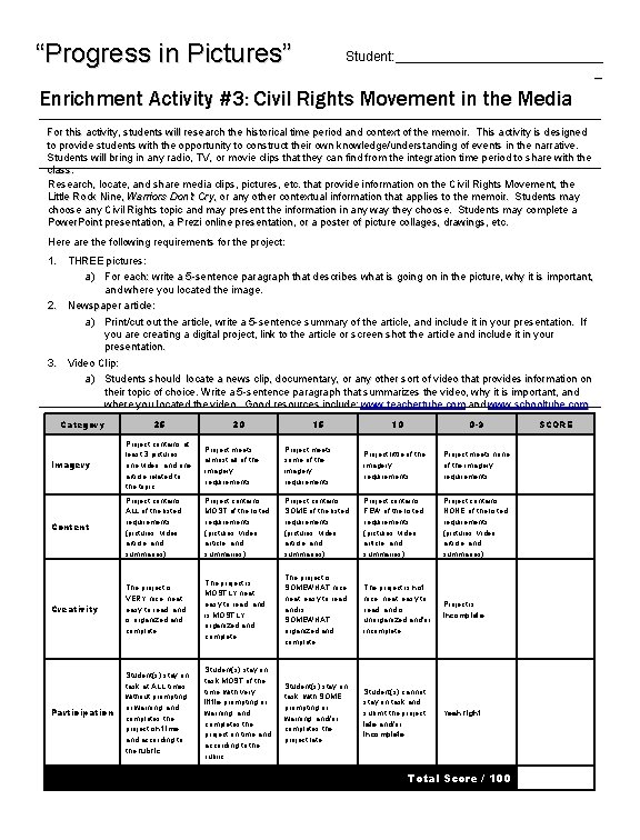 “Progress in Pictures” Student: ______________ _ Enrichment Activity #3: Civil Rights Movement in the