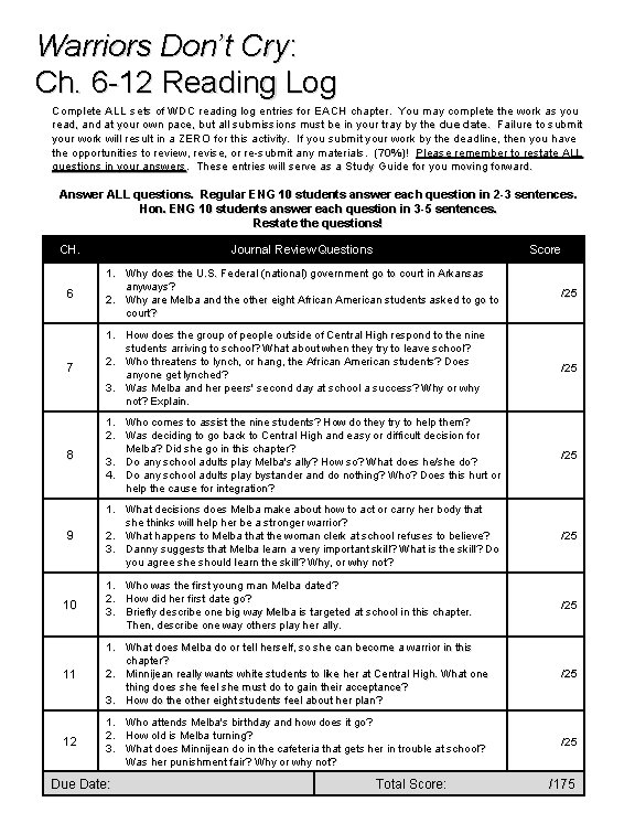 Warriors Don’t Cry: Ch. 6 -12 Reading Log Complete ALL chapter. You may complete