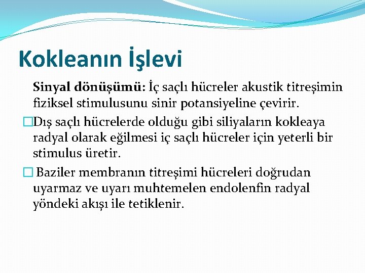 Kokleanın İşlevi Sinyal dönüşümü: İç saçlı hücreler akustik titreşimin fiziksel stimulusunu sinir potansiyeline çevirir.