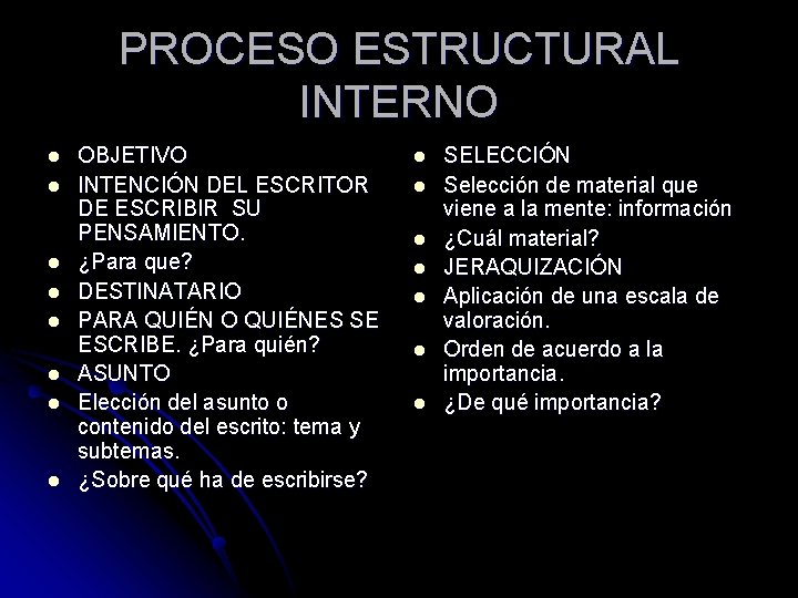 PROCESO ESTRUCTURAL INTERNO l l l l OBJETIVO INTENCIÓN DEL ESCRITOR DE ESCRIBIR SU