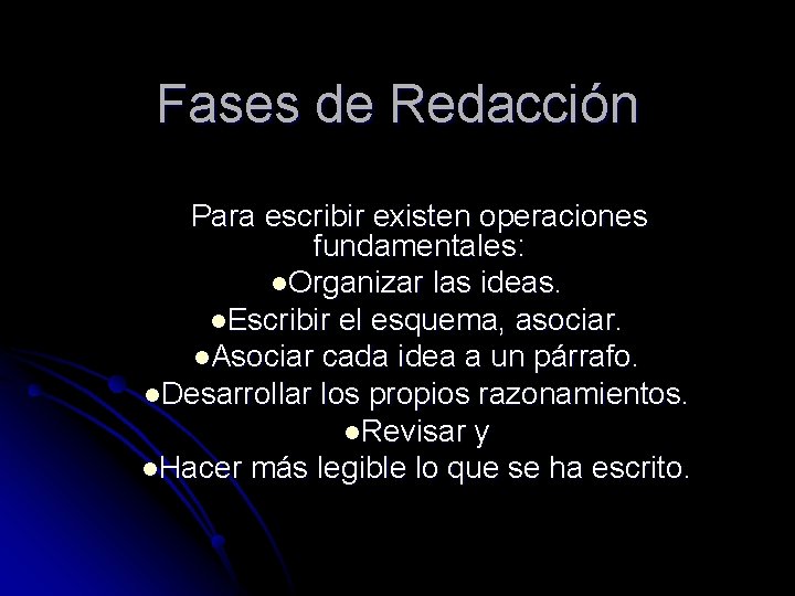 Fases de Redacción Para escribir existen operaciones fundamentales: l. Organizar las ideas. l. Escribir
