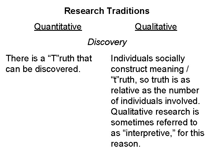 Research Traditions Quantitative Qualitative Discovery There is a “T”ruth that can be discovered. Individuals