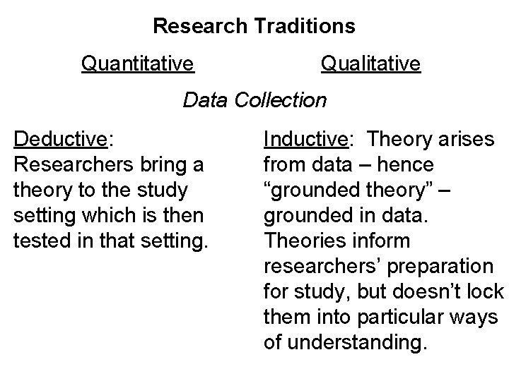 Research Traditions Quantitative Qualitative Data Collection Deductive: Researchers bring a theory to the study