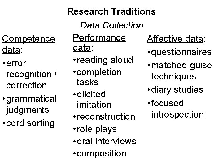 Competence data: • error recognition / correction • grammatical judgments • cord sorting Research