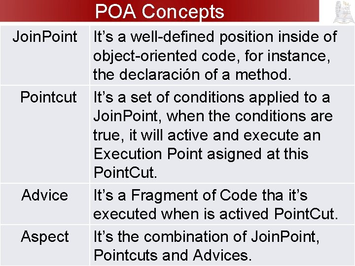 POA Concepts Join. Pointcut Advice Aspect It’s a well-defined position inside of object-oriented code,