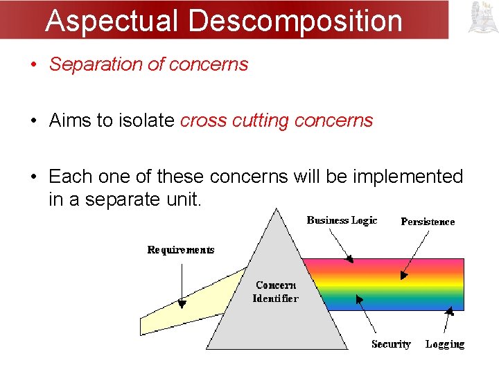 Aspectual Descomposition • Separation of concerns • Aims to isolate cross cutting concerns •