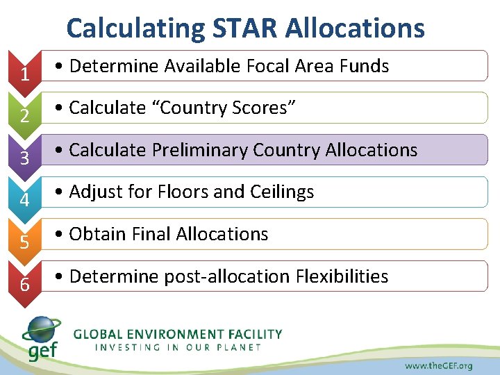 Calculating STAR Allocations 1 • Determine Available Focal Area Funds 2 • Calculate “Country