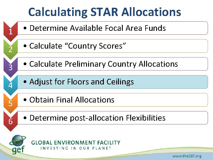 Calculating STAR Allocations 1 • Determine Available Focal Area Funds 2 • Calculate “Country