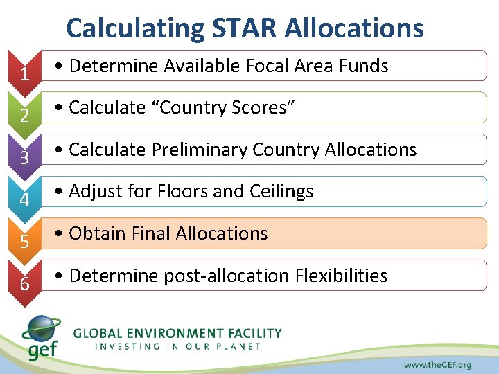 Calculating STAR Allocations 1 • Determine Available Focal Area Funds 2 • Calculate “Country