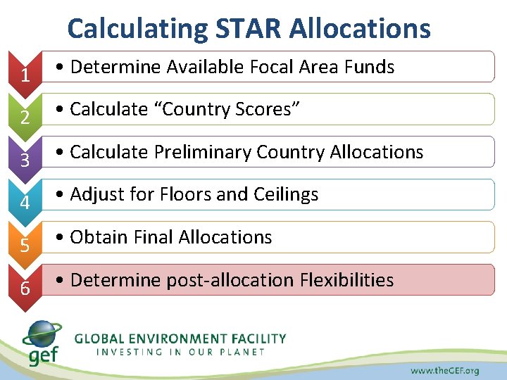 Calculating STAR Allocations 1 • Determine Available Focal Area Funds 2 • Calculate “Country